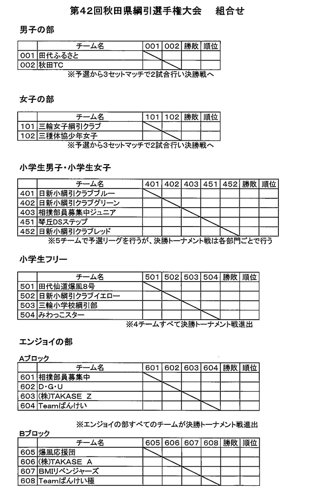 「第42回秋田県綱引選手権大会」組合せ